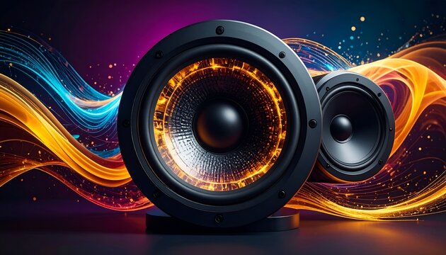 Futuristic glowing speakers emitting vibrant orange and blue light with particle effects abstract background
