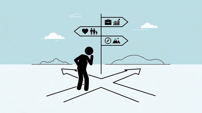 Man standing at crossroads with multiple signs pointing different directions in sky background