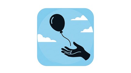 Fototapeta premium Hand releasing a black balloon into a blue sky with white clouds