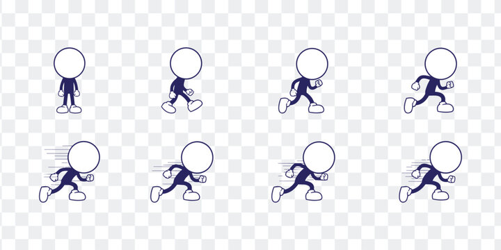 Running Man Animation Frames Set. Simple Stick Figure Character Sprite Sheet for Walk, Jog, Sprint Motion Design and Game Assets