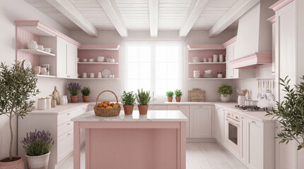 Obraz premium Elegant Provence-style kitchen interior in soft pastel tones featuring natural wood, exposed ceiling beams.