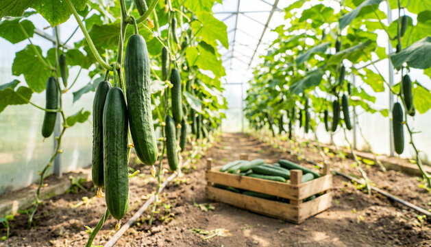  Ripe green cucumbers growing on plants inside a greenhouse, with neat rows of cucumber bushes stretching into the background. A wooden crate filled with freshly harvested cucumbers rests on the soil.