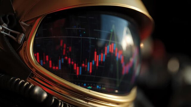 Astronaut helmet reflection showing red and blue stock market chart with finance investment candlestick patterns in dark background futuristic vibe