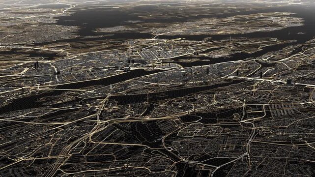 Stockholm street map in wireframe view, black roads and buildings, dark shadows between structures forming a high contrast city map.