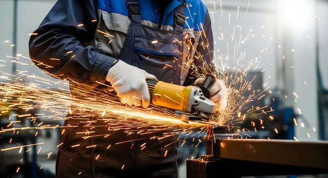 Worker using angle grinder on metal with flying sparks