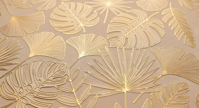 Golden tropical leaves pattern on a textured beige background