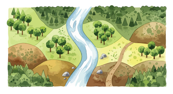 Watercolor nature landscape map with winding river and green forest, hand-drawn outdoor wilderness scene, aerial view of hills and trees vector