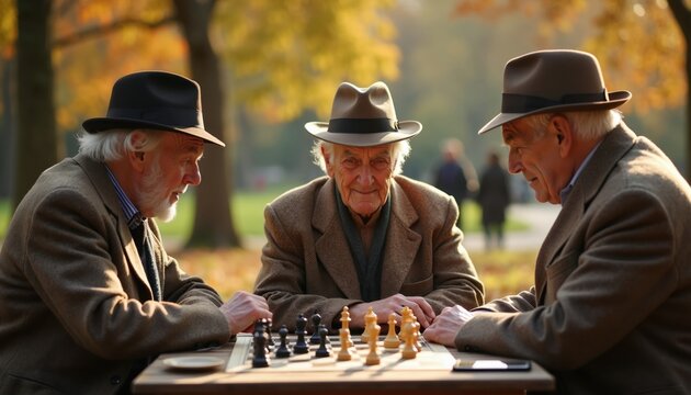 Three elderly men wear hats and jackets playing chess in a park. They sit at a wooden table outdoors enjoying a board game with friends on a sunny autumn day. Seniors engage in intellectual hobby.