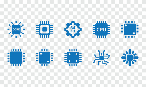 Computer Chip and CPU Icons Set. Processor, Microchip and Technology Vector Symbols for Digital Hardware and Circuitry Design.