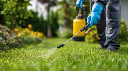 Obraz premium Professional applies pesticide to lawn in garden during daytime for pest control and plant health maintenance