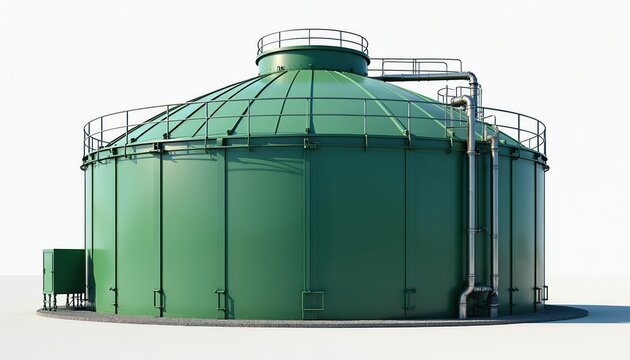 Large green biogas storage tank with domed roof and pipe system. Industrial infrastructure for green energy production and bio fuel processing.