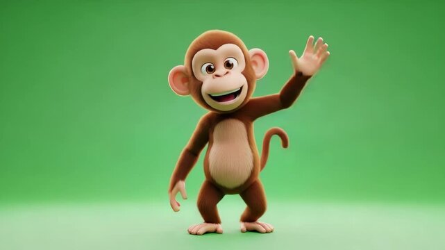 Friendly monkey character waving and smiling on green background.