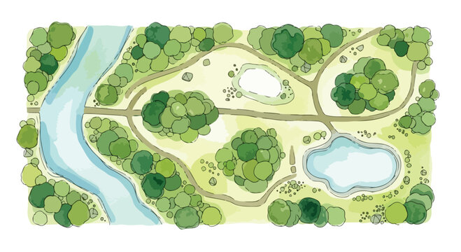 Watercolor park map illustration, hand drawn garden landscape with river and ponds, top view forest nature trail vector, green parkland layout
