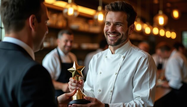 Chef receives golden star trophy in restaurant. Man in chef uniform accepts award for culinary success. Colleagues cheer in background at fine dining establishment celebration.