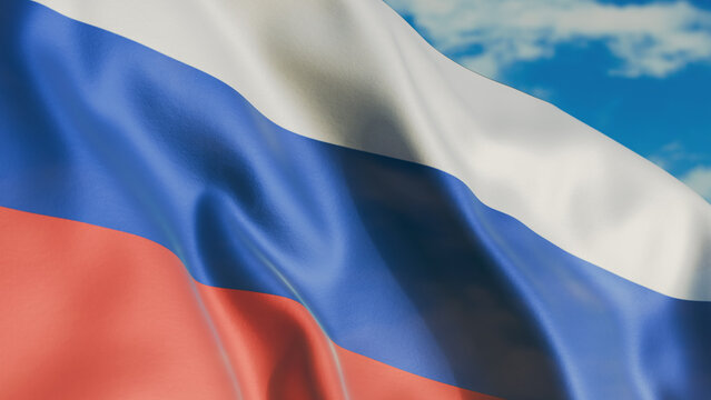 Russian flag waving in wind close up, against the background of the sky with clouds, realistic render