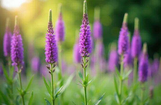 Purple liatris flowers bloom in a garden. Tall spikes of violet blossoms rise from green stems and foliage. Soft sunlight bathes the scene creating a tranquil, natural atmosphere.