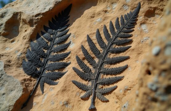 Two fern fossils imprinted on stone show ancient plant life. Detailed leaf imprints reveal prehistoric earth history. Natural rock texture highlights geologic past and science.