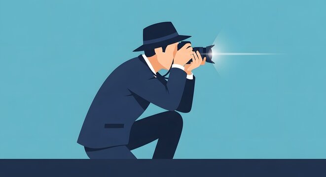 Dark Suited Photographer Kneeling with Camera in Side Profile