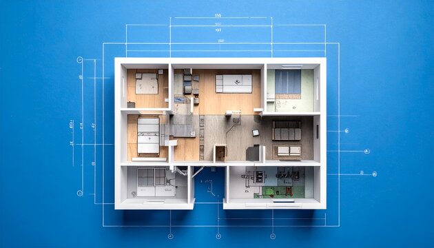 Architectural blueprint with 3D model of a modern house interior realistic 3D render