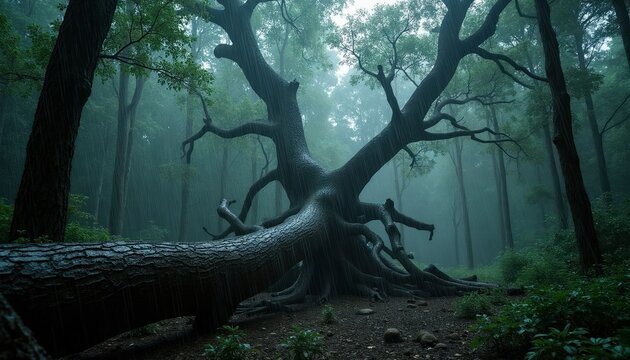 Fallen tree with exposed roots in a dense foggy forest during heavy rainfall. Dark green foliage and misty atmosphere, showing nature raw power and resilience in wild environment.