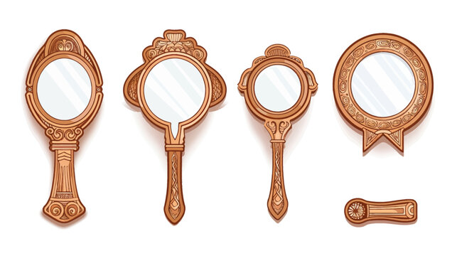 Intricate illustration of four ornate antique hand mirrors with varying handle designs