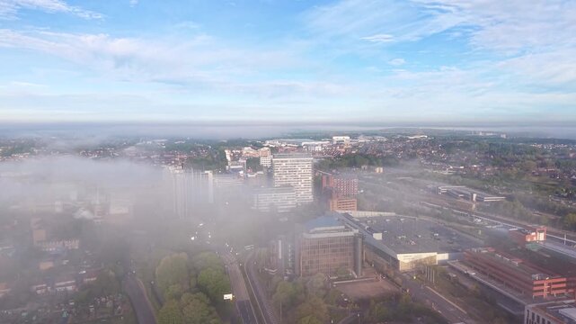 Drone Flight Over Foggy Basingstoke at Sunrise, UK