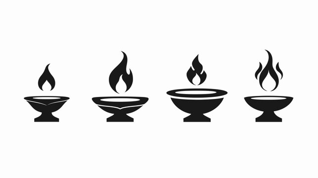 Four black-and-white stylized flame icons in bowls of varying shapes and fire sizes
