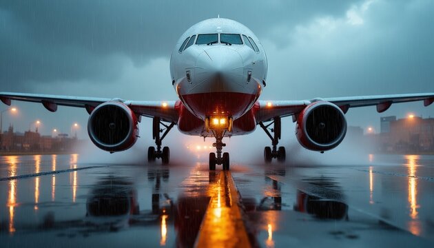 Airplane lands on wet runway during heavy rain. Low angle shot shows plane on asphalt path. Aircraft tires splash water, airport lights reflect on wet surface, dark clouds above.