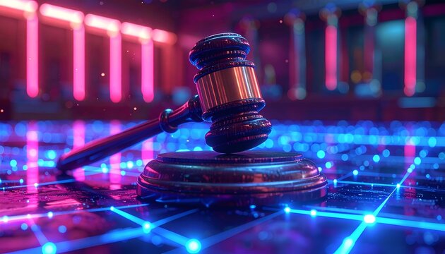 Modern digital legal gavel in neon abstract glowing grid futuristic law concept