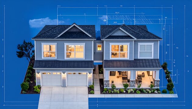 Modern duplex house design with blueprints overlay and evening lighting architectural concept