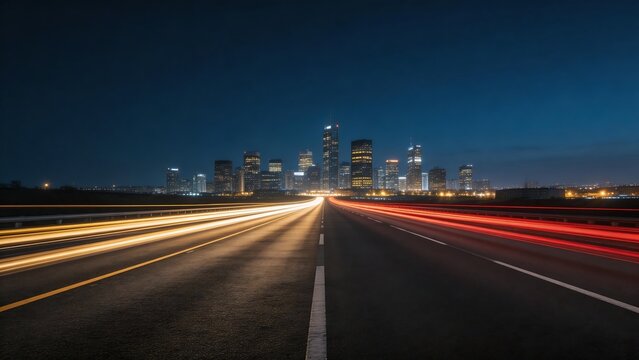 Nighttime city highway with light trails