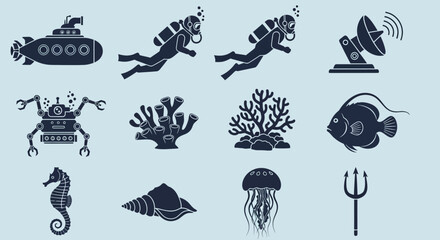 Collection of ocean creatures and objects. © zulfa