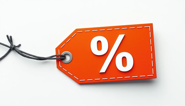 Red tag with percent symbol. Offer for sale or discount. Simple graphic for retail promotion. Price reduction announcement for shoppers. Buy now great savings.