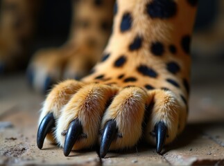 Obraz premium Close up of cheetah (Acinonyx jubatus) paw with sharp black claws, detailed spotted fur and predator anatomy