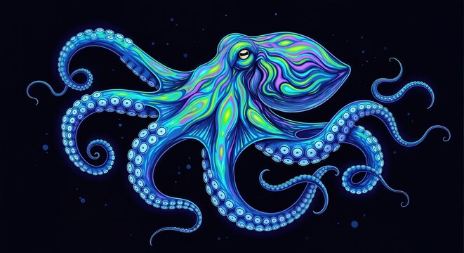 Artistic illustration of a colorful psychedelic octopus (Octopus vulgaris), vibrant marine art on black background