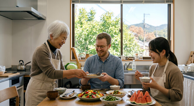 国際交流、明るいキッチンで家庭料理を楽しむシニア女性と若い男女の3人、夏の昼下がり、