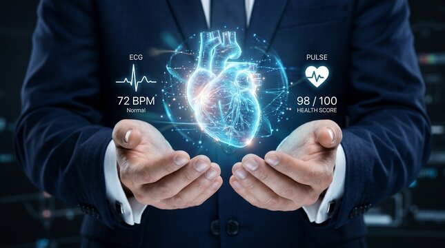 Man in suit displays holographic beating heart with digital heart rate monitor showing normal bpm and high health score, visualizing medical data.