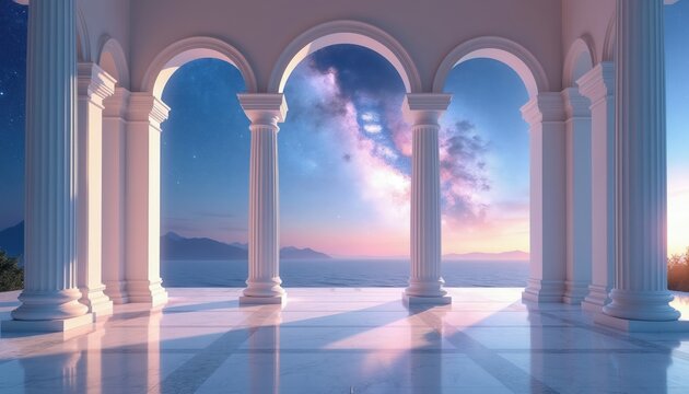 White columns and arches frame a stunning ocean sunset sky with visible galaxy. Marble floor reflects soft light. Peaceful scene combines ancient architecture with celestial beauty.