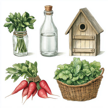 Watercolor Garden Elements Set: Bunch of Radishes, Spinach in a Basket, Greens in a Glass Jar, Glass Bottle, and Wooden Birdhouse. Generative AI.