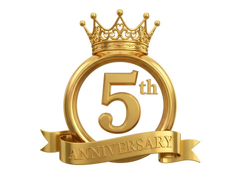 Golden 3D-rendered 5th anniversary celebration emblem featuring regal crown and ribbon banner on neutral studio backdrop
