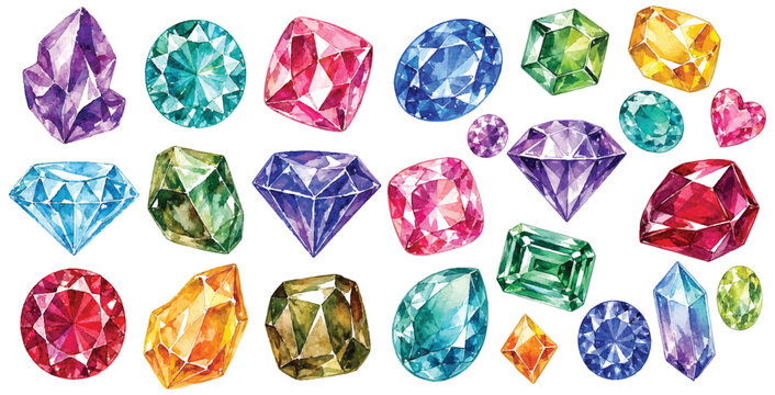 A charming watercolor set of gemstones featuring colorful faceted crystals and sparkling jewel shapes illustrated in a vibrant hand painted style.