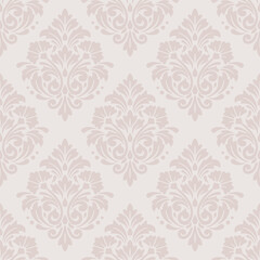 Fototapeta premium Elegant damask seamless pattern featuring classic damask ornaments on a soft pink background for a luxury damask seamless pattern design.