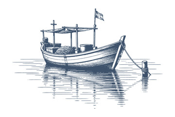 Small traditional fishing boat anchored on calm coastal waters, vintage engraving style vector illustration for maritime scenery. © Chairul