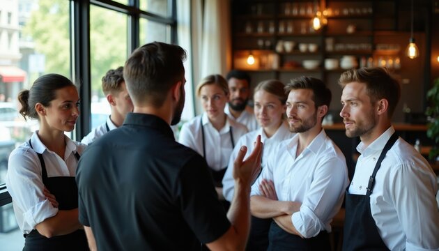 Restaurant manager talks to staff before shift. Team listens attentively to leader giving guidance. Employees in uniform work together in hospitality setting. Coordination, communication for service