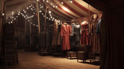 Naklejka premium Circus tent with costumes and warm lights in a quiet setting during the evening hours