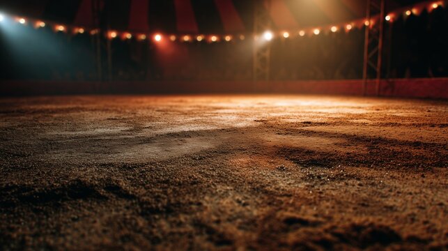 Bright lights shine on the dirt floor of a circus tent while preparations begin for the evening's show