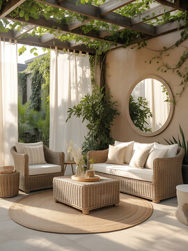 A serene outdoor patio scene with furniture, plants, and decor under a pergola.