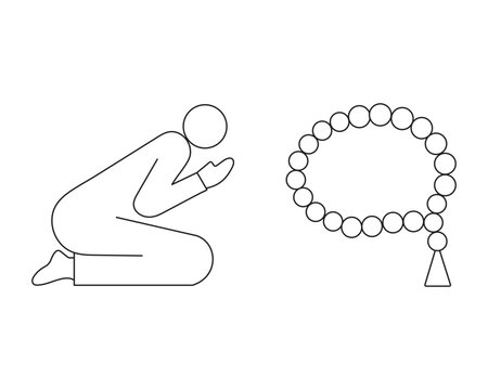 Islamic prayer line icon set, Muslim man kneeling in sujud position, religious tasbih prayer beads vector, spiritual worship and devotion symbols