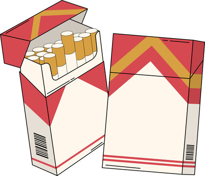 Cigarette Pack Tobacco Product Illustration With Open Box, Multiple Sticks Packaging for Smoking Consumption. Vector Isolated