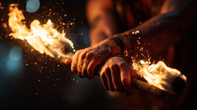 Performer shows fire dance at circus in a nighttime show with vibrant lights and audience excitement